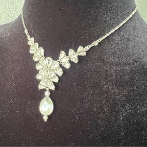 Vintage Silver Crystal Bib Y Drop Necklace Spiga Chain Teardrop Pendant
